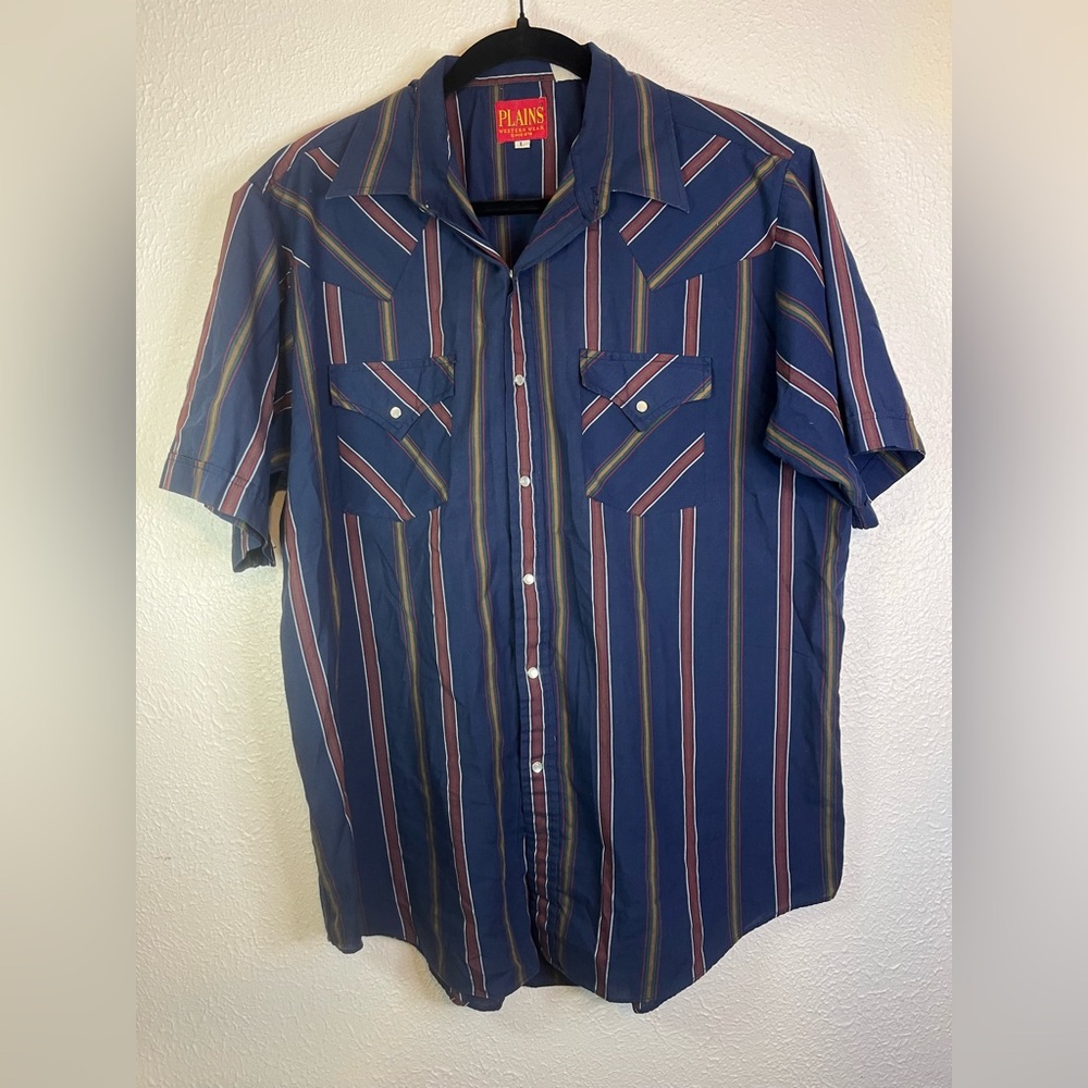 Plains Western Wear Men's Blue Striped Short Sleeve Shirt